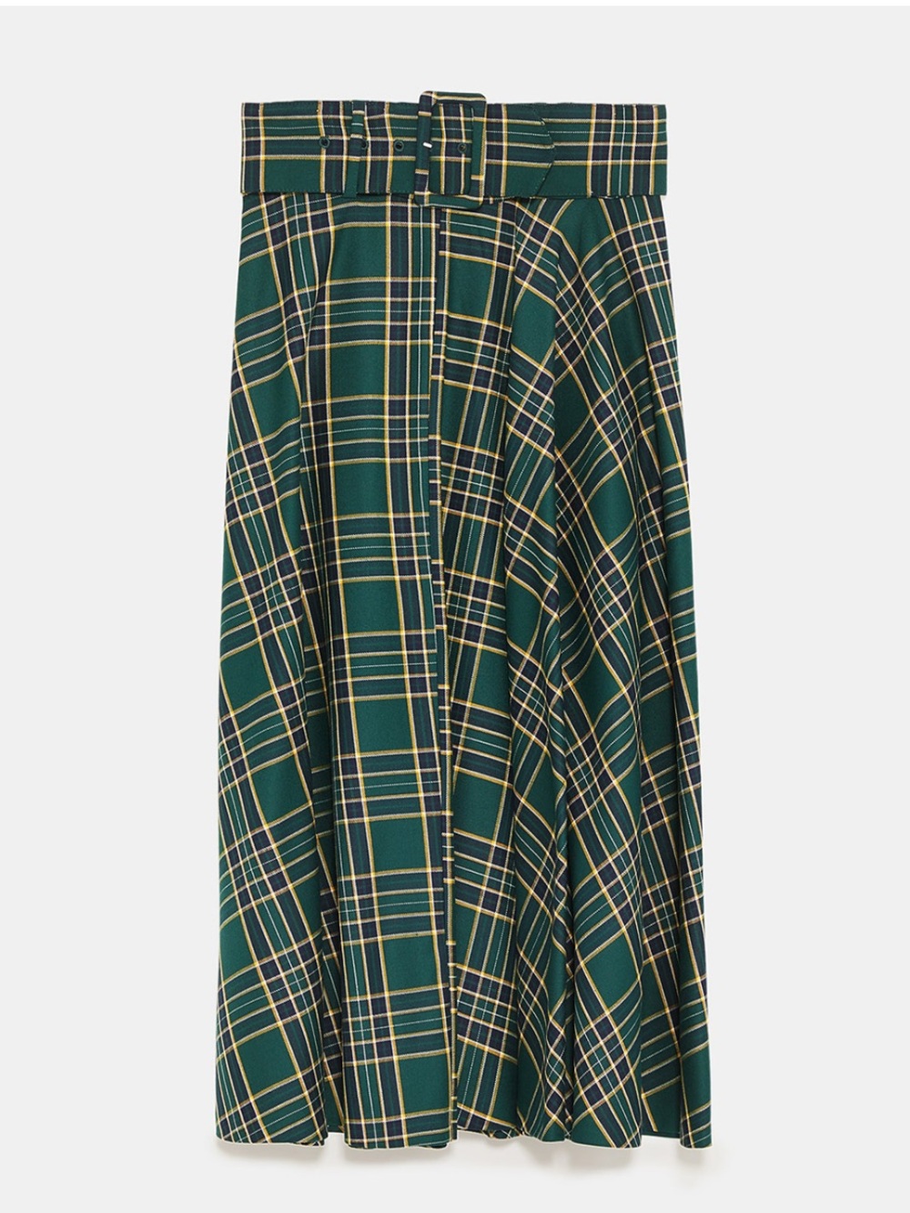 ZARA Belted Green Plaid A-Line Skirt